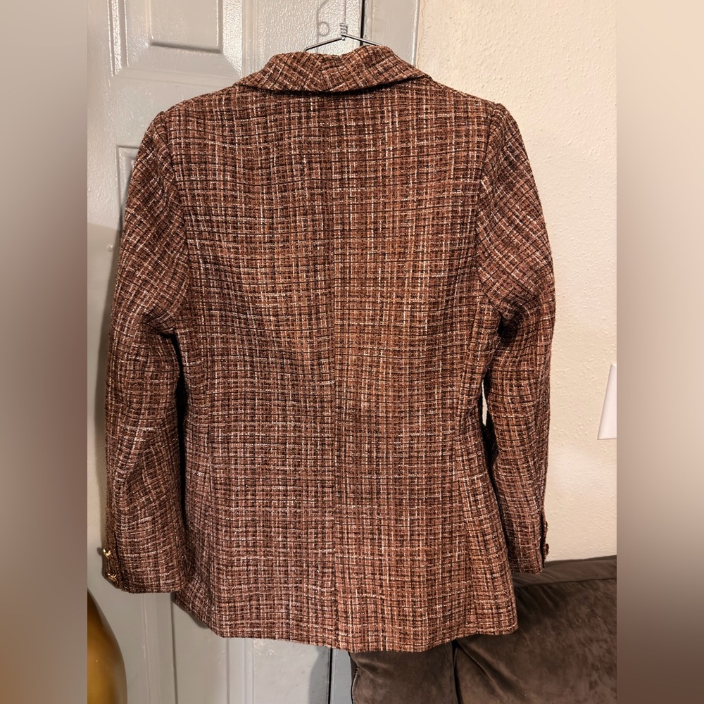 Double-Breasted Brown Tweed Blazer Jacket - Picture 5 of 9
